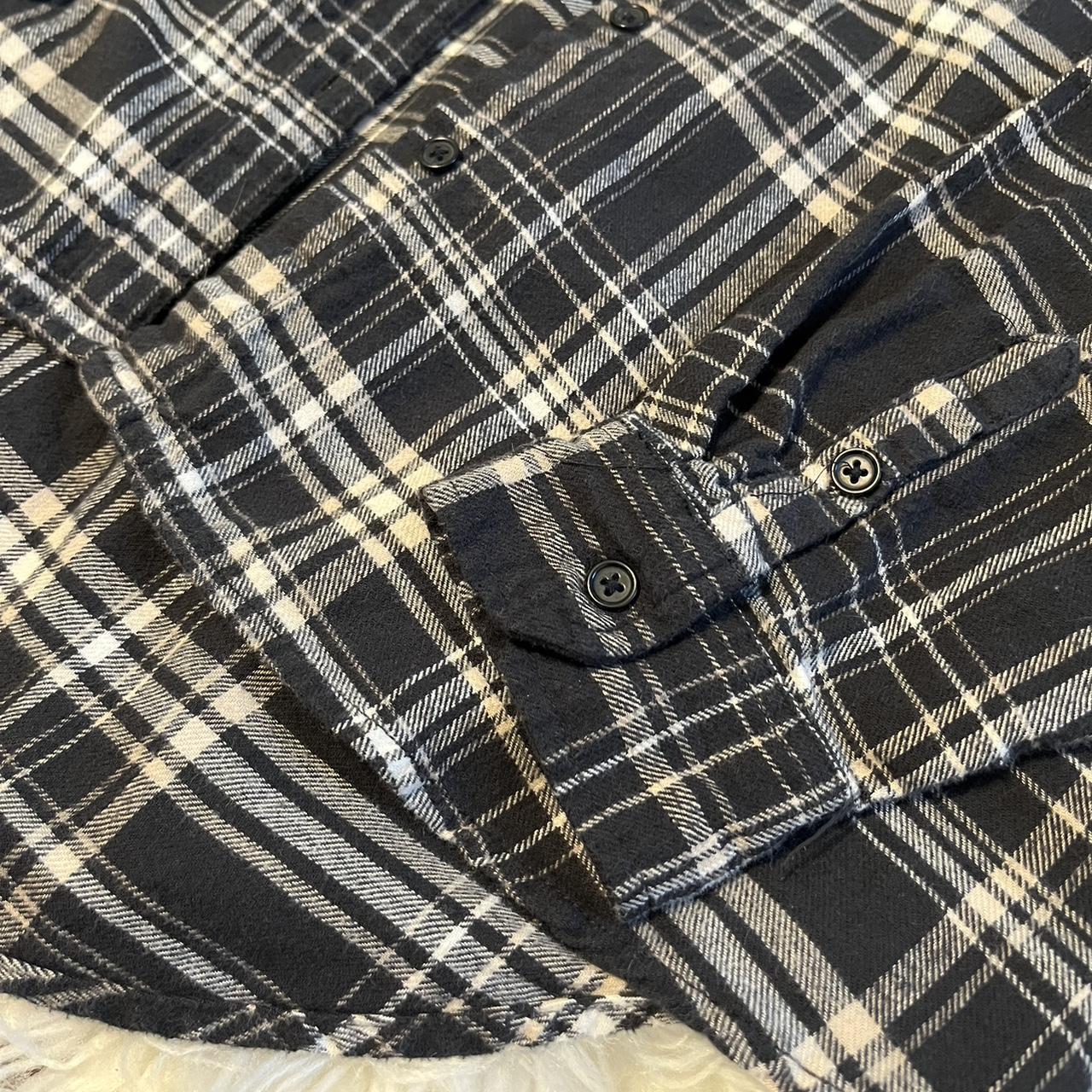 gray and black buttoned flannel size: medium no... - Depop