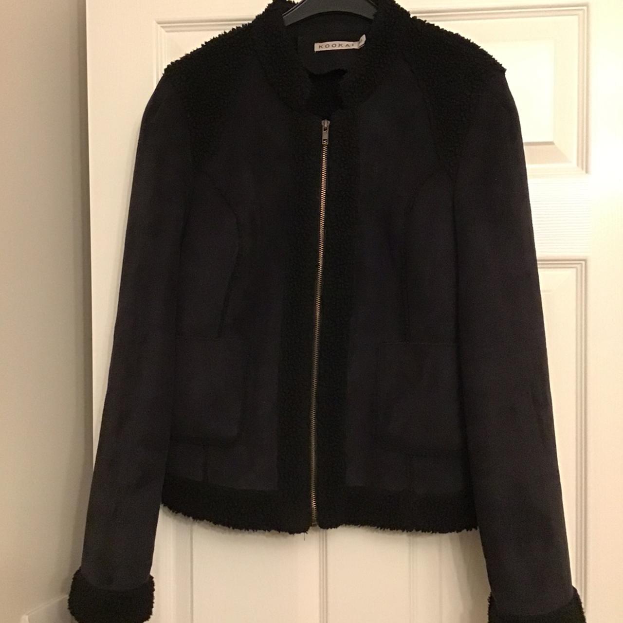 Black faux suede & wool bomber jacket from Kookai... - Depop