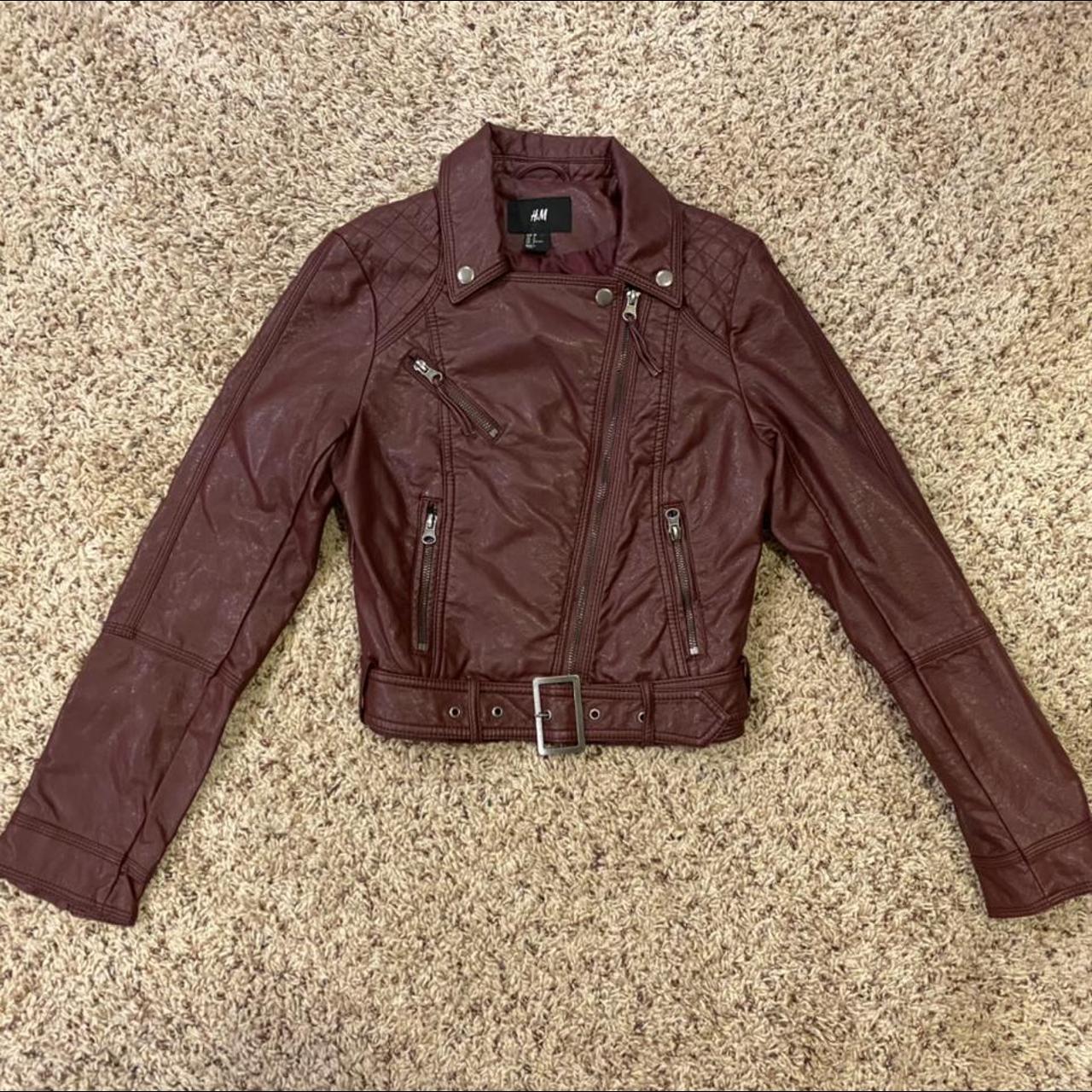 Cropped H&M Moto jacket in a deep burgundy / oxblood... Depop