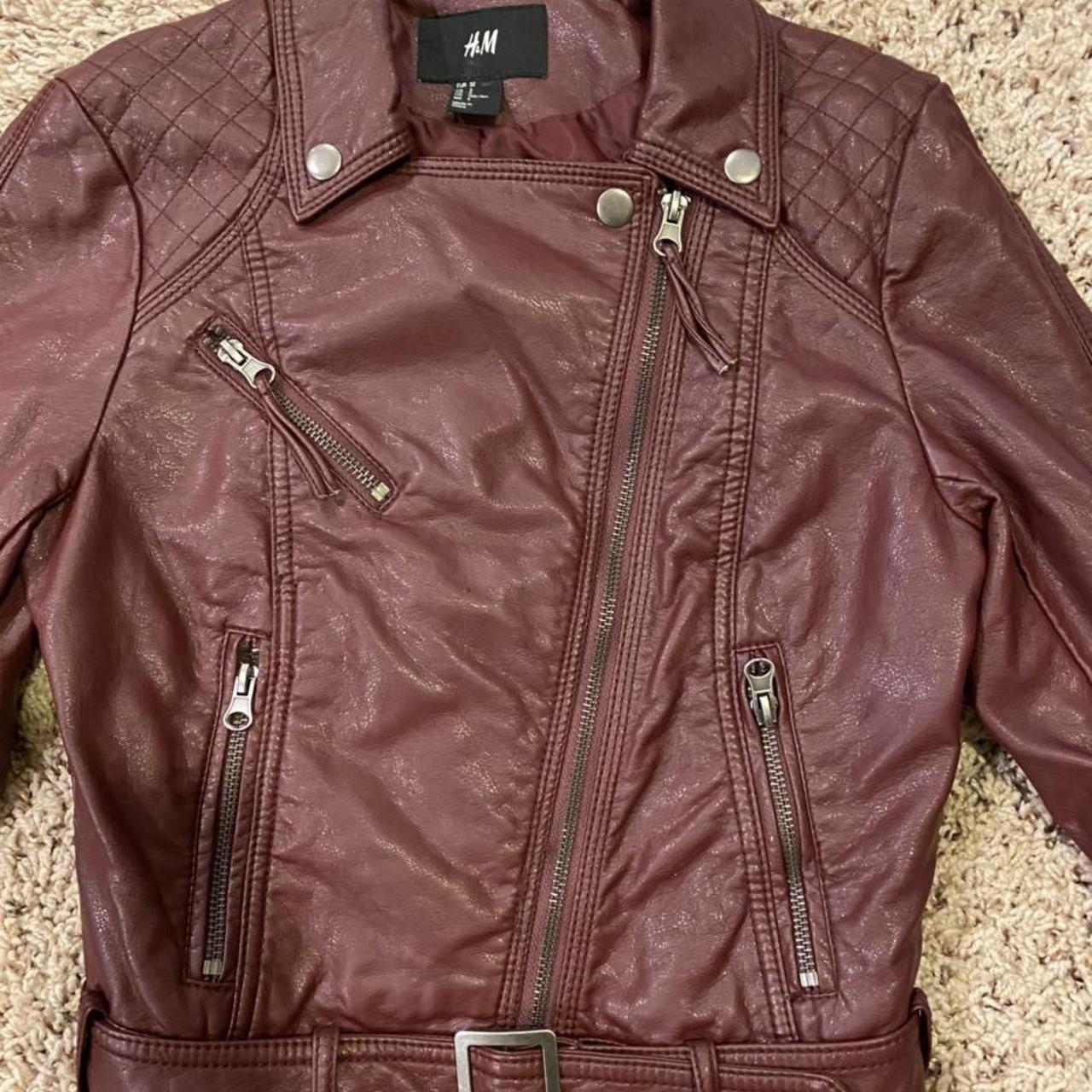 Cropped H&M Moto jacket in a deep burgundy / oxblood... Depop