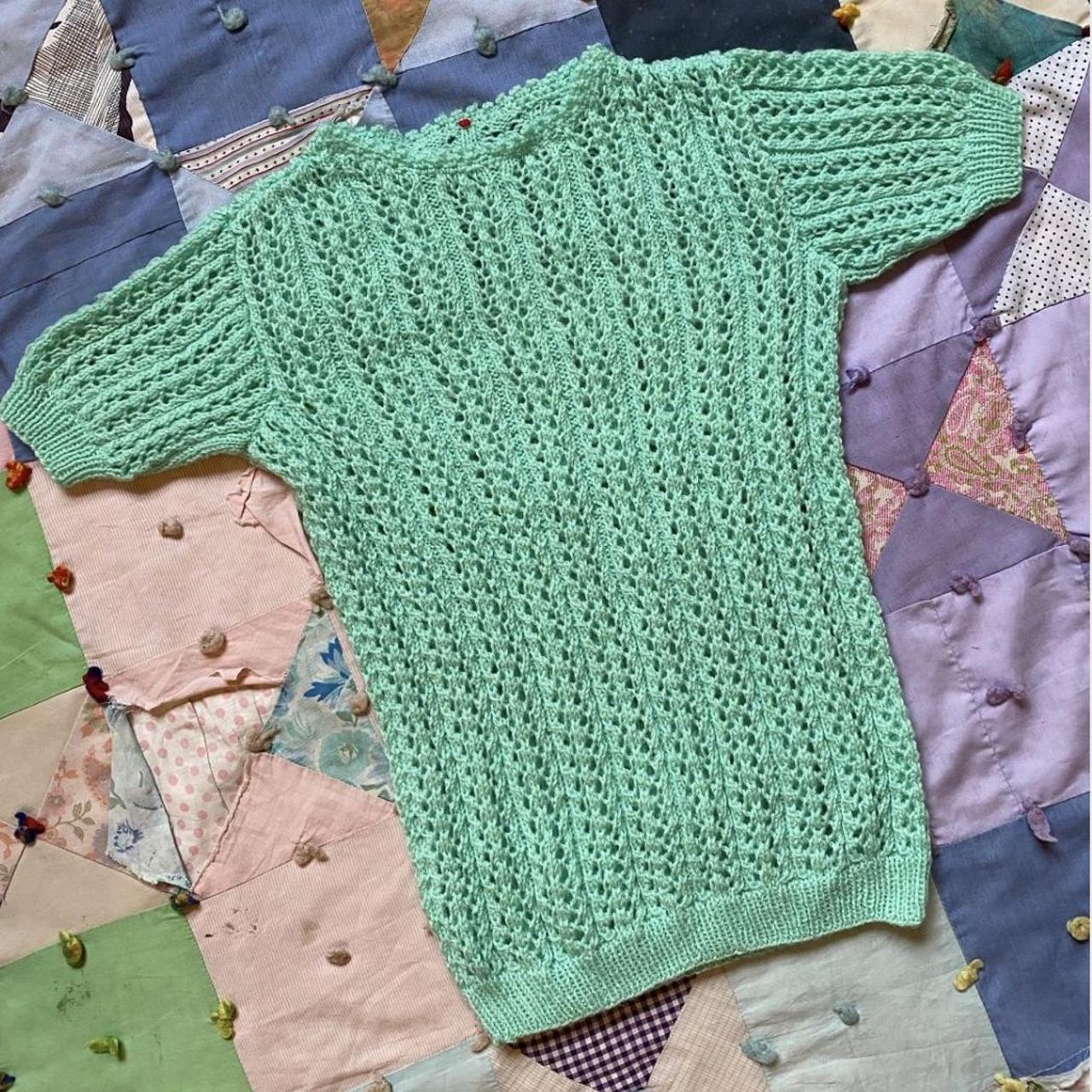 Acid mint green knit crochet vintage spring sweater.... - Depop