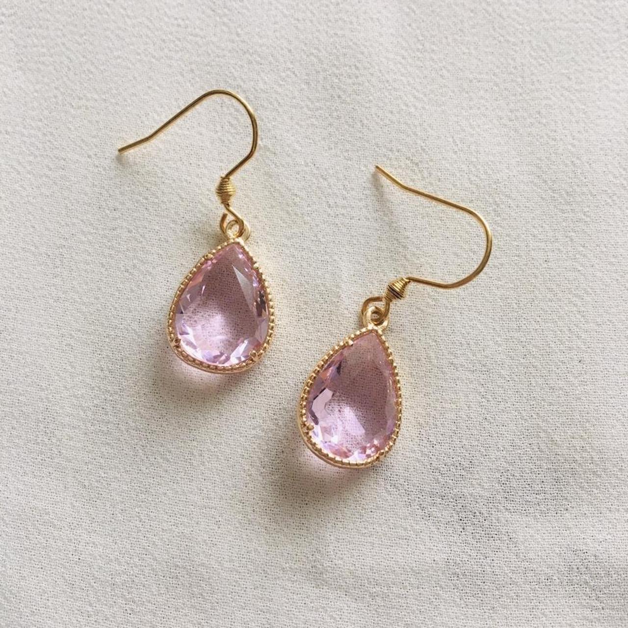 Beautiful pink teardrop crystal stainless steel drop... - Depop