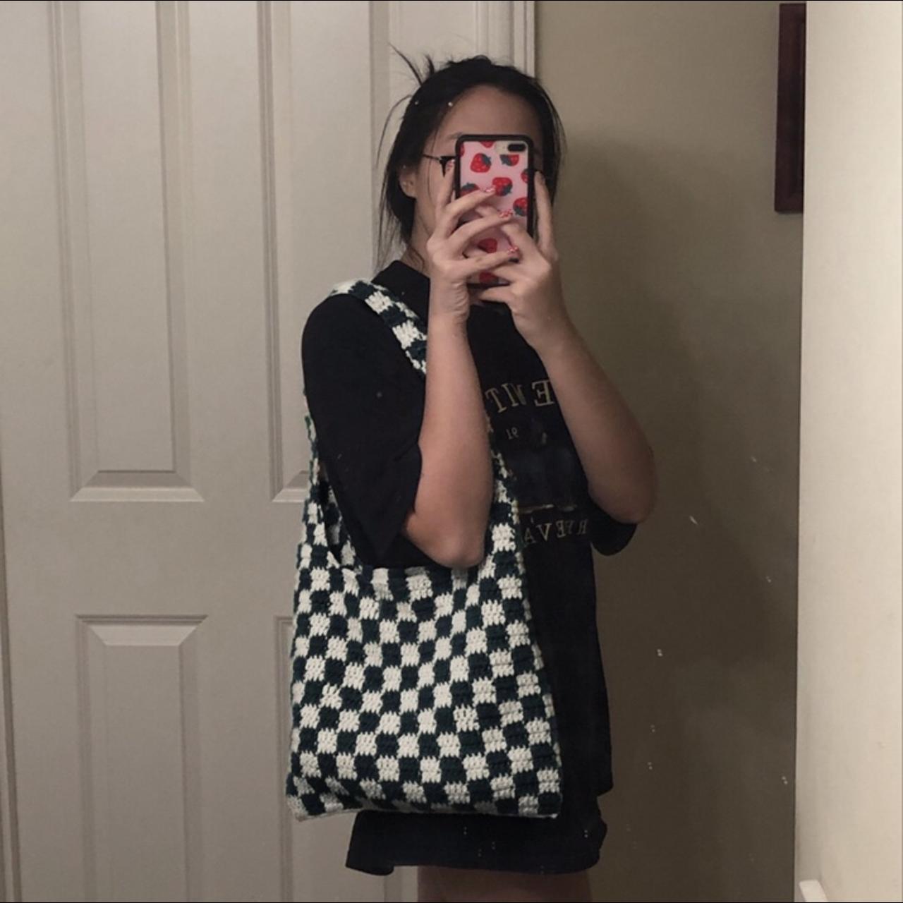 Black and White Checkered Pattern Crochet Bag Tote Bag