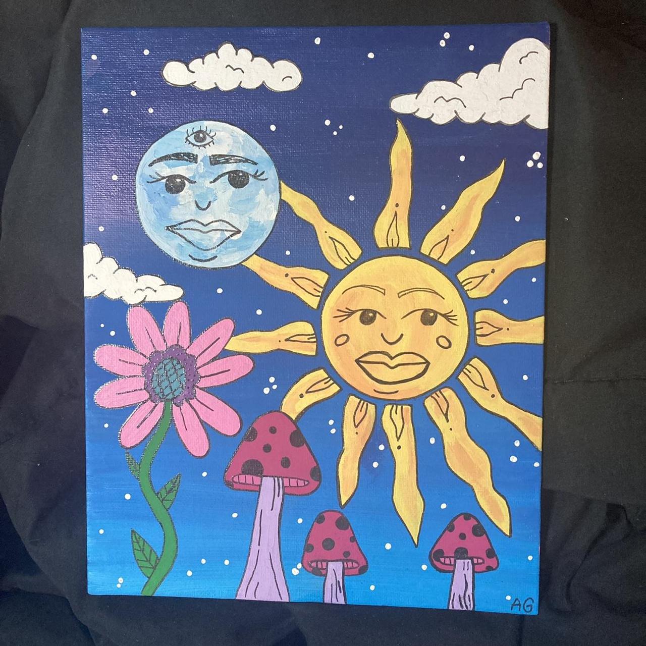 acrylic painting on an 8x10 canvas board of the sun behind gray clouds