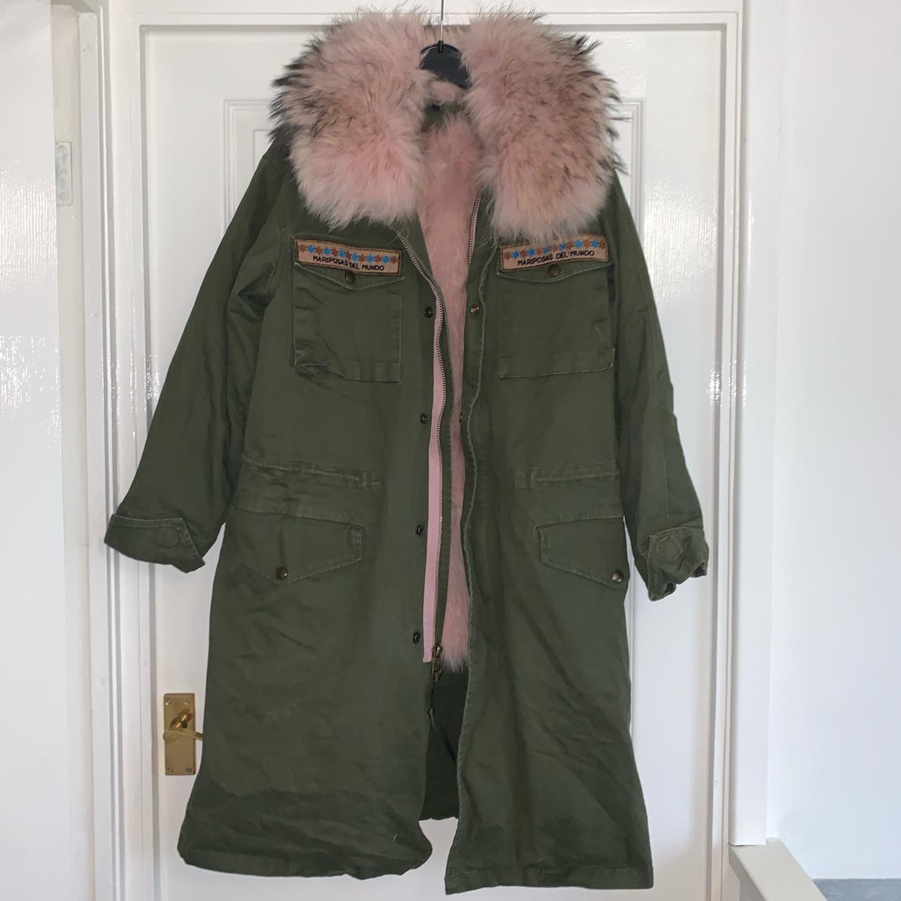 Green khaki parka coat with pink fur linking and... - Depop