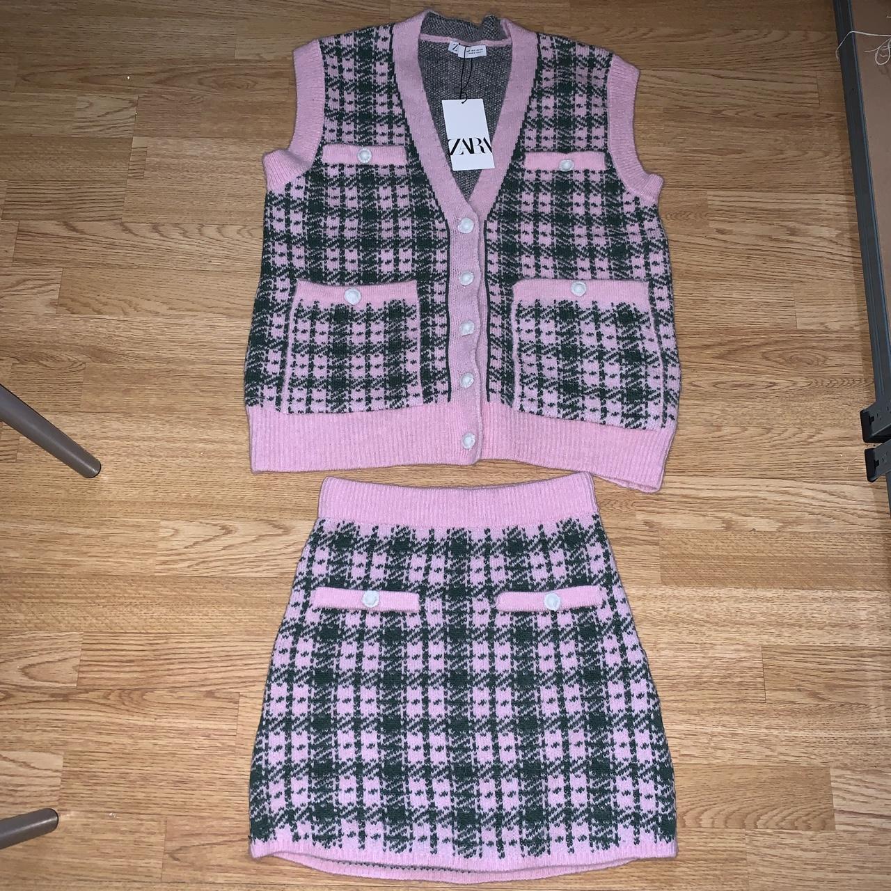 Zara S pink/green check knit vest and