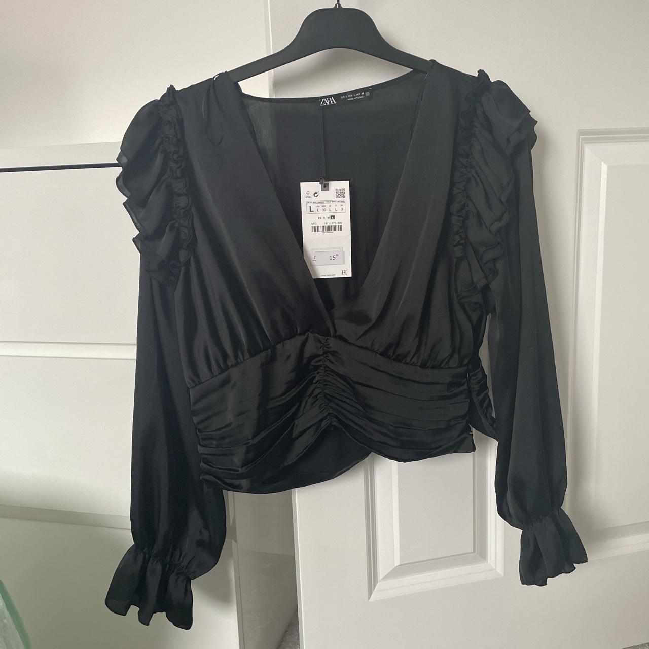 Black ruffled top from Zara. Size L, brand new with... - Depop