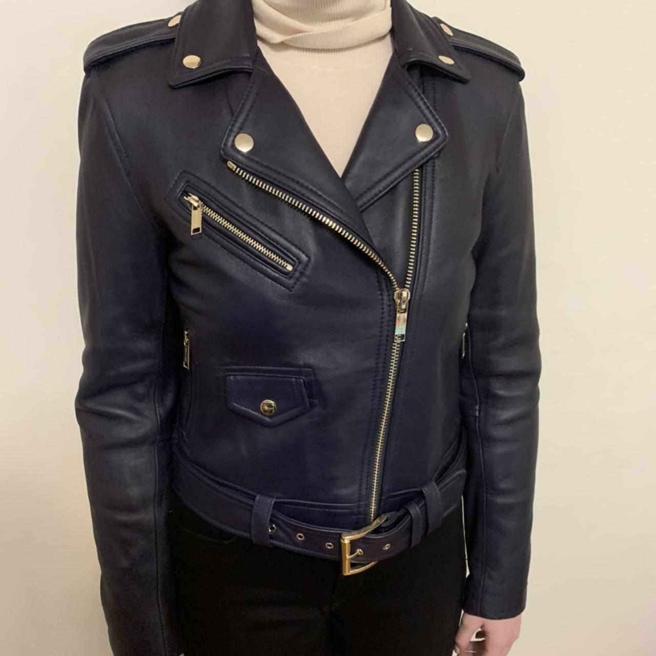 Michael Kors Leather Moto Jacket! Color: Navy with... - Depop