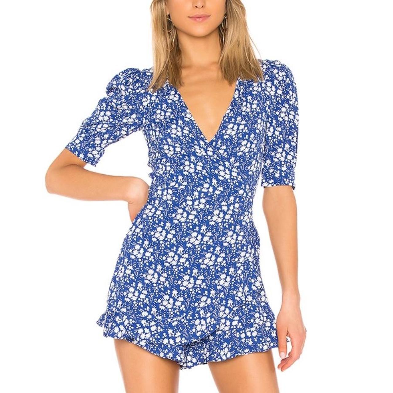 For Love and Lemons Zamira Floral Romper in Cobalt... Depop