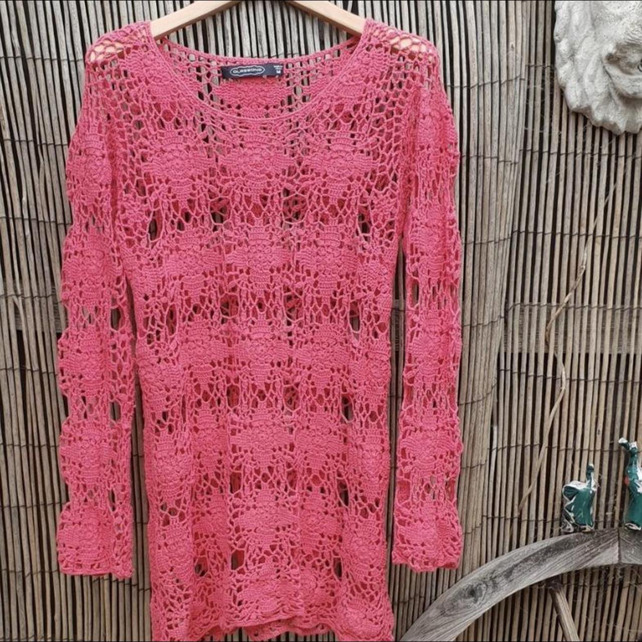🕊 Pink crochet long sleeve mini dress • Size M,... Depop
