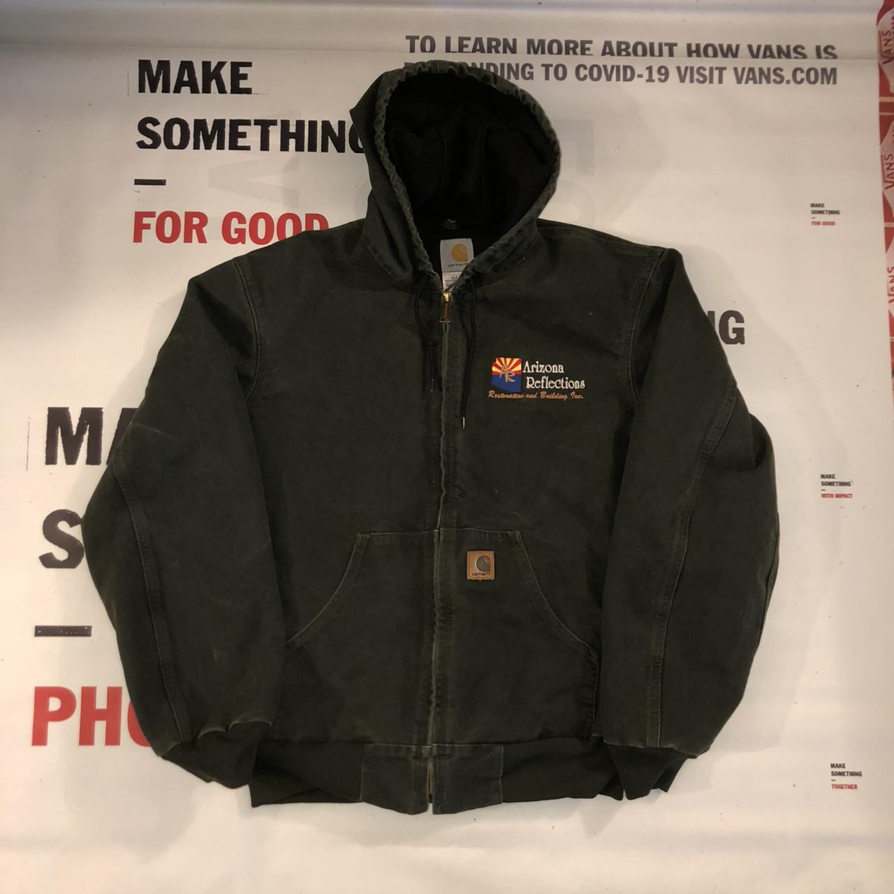 olive green carhartt work jacket with embroidery... Depop