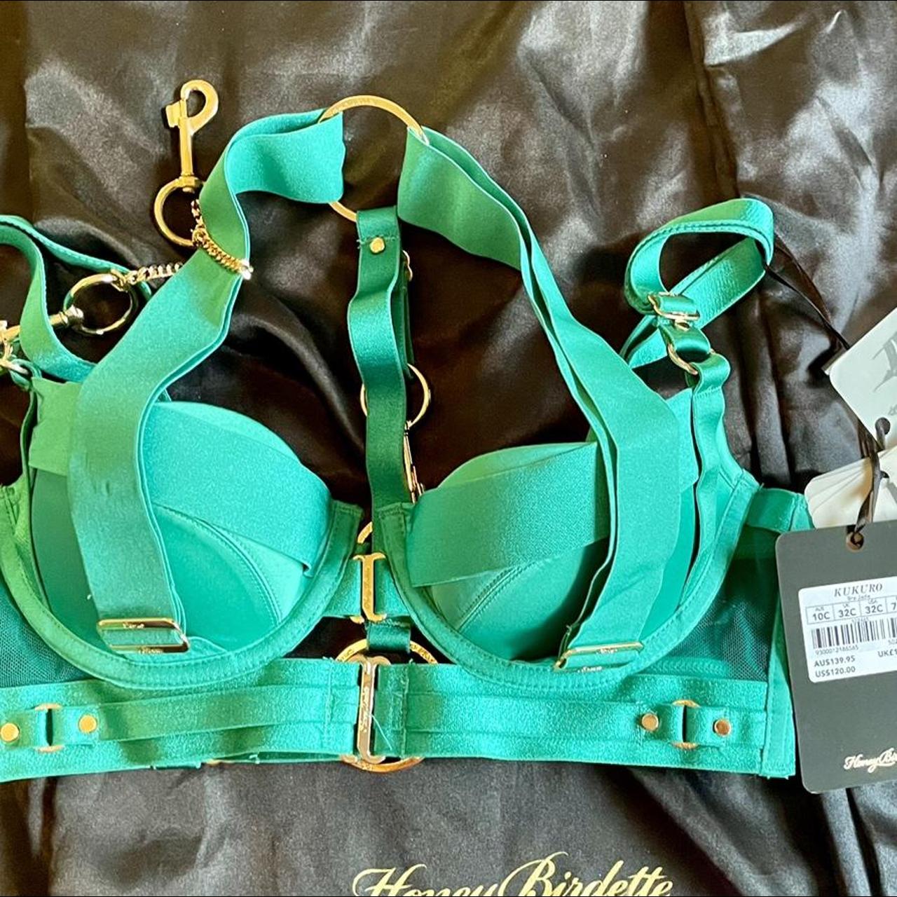 Honey Birdette Women's Green and Gold Bra Depop