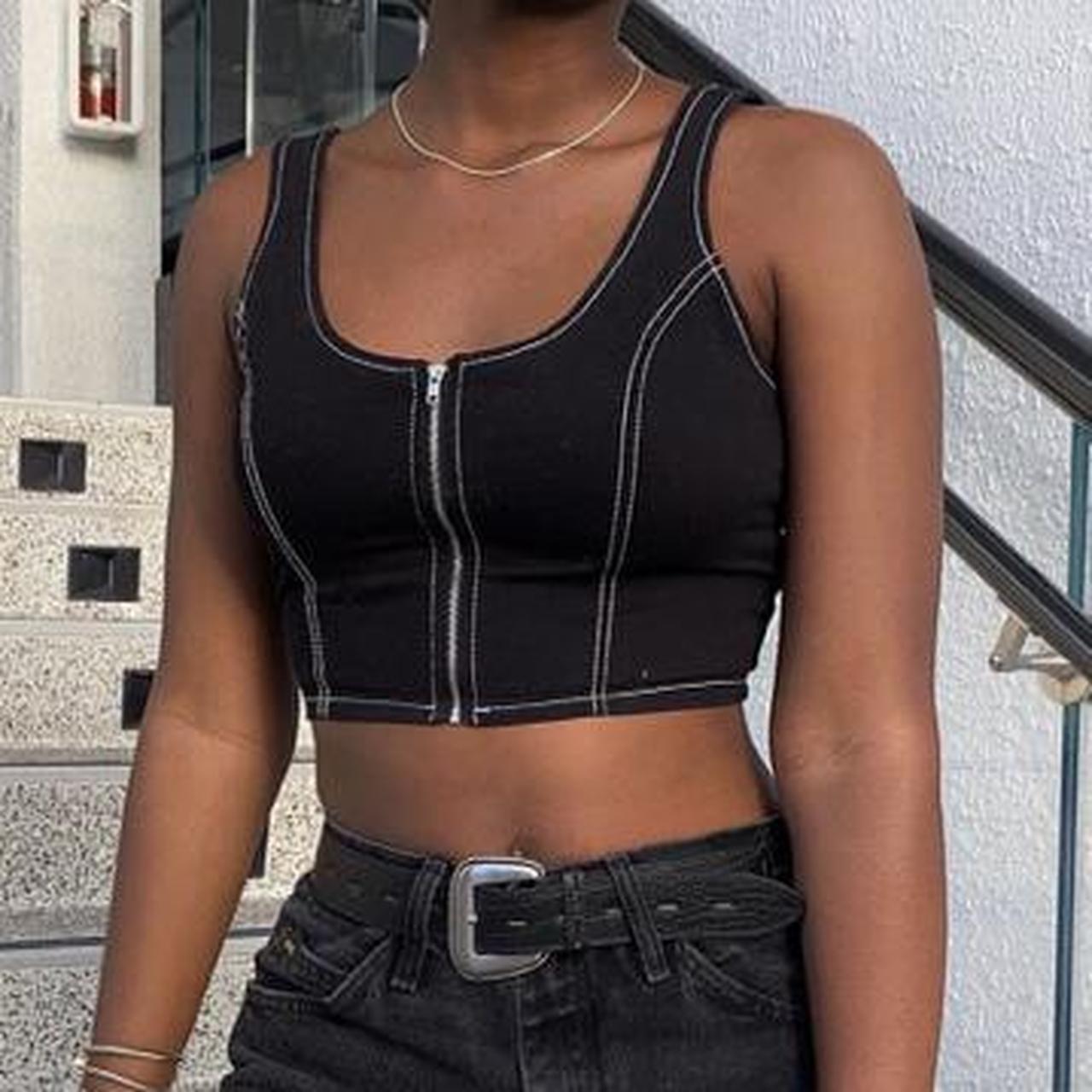 black zip up crop top -size L but fits like a... - Depop