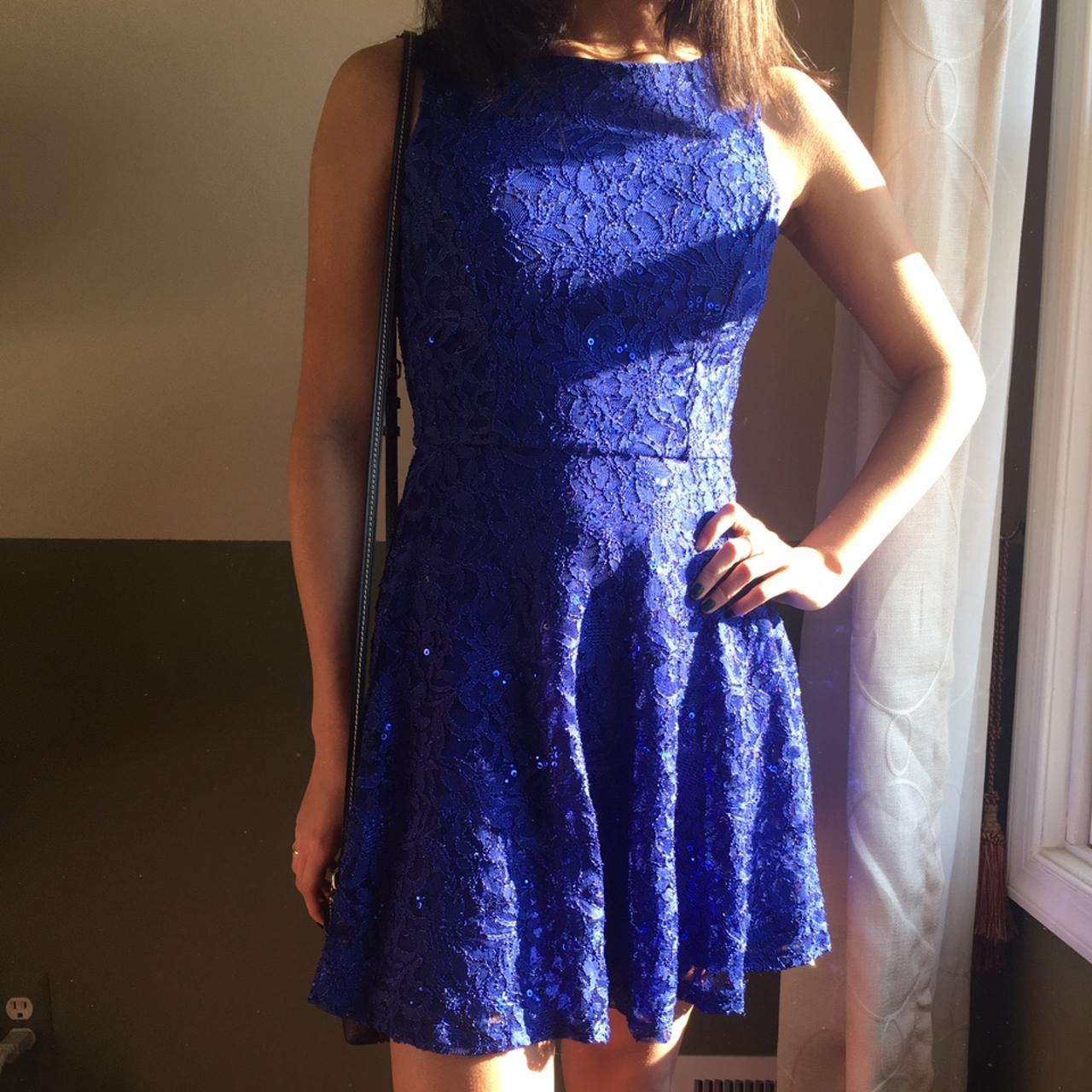 lacy, sequined, royal blue dress with skater flare... - Depop