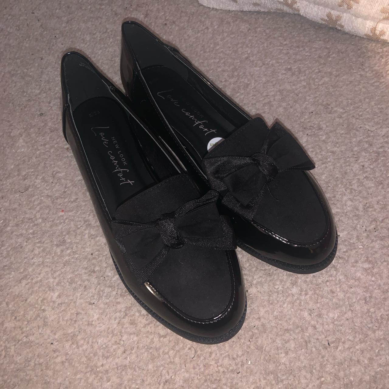 black patent bow front loafers