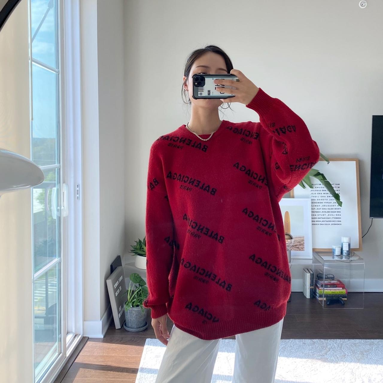 Balenciaga Red and Black Logo Print Sweater. Depop