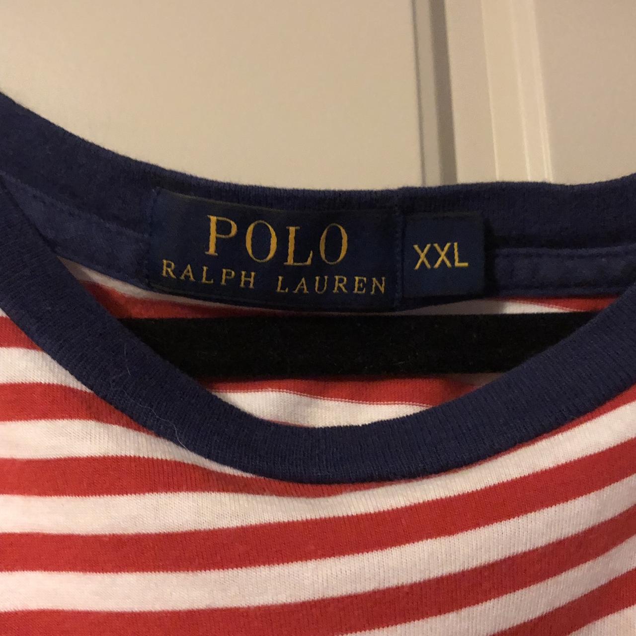 ralph lauren red and white striped tee. fits an xl. - Depop