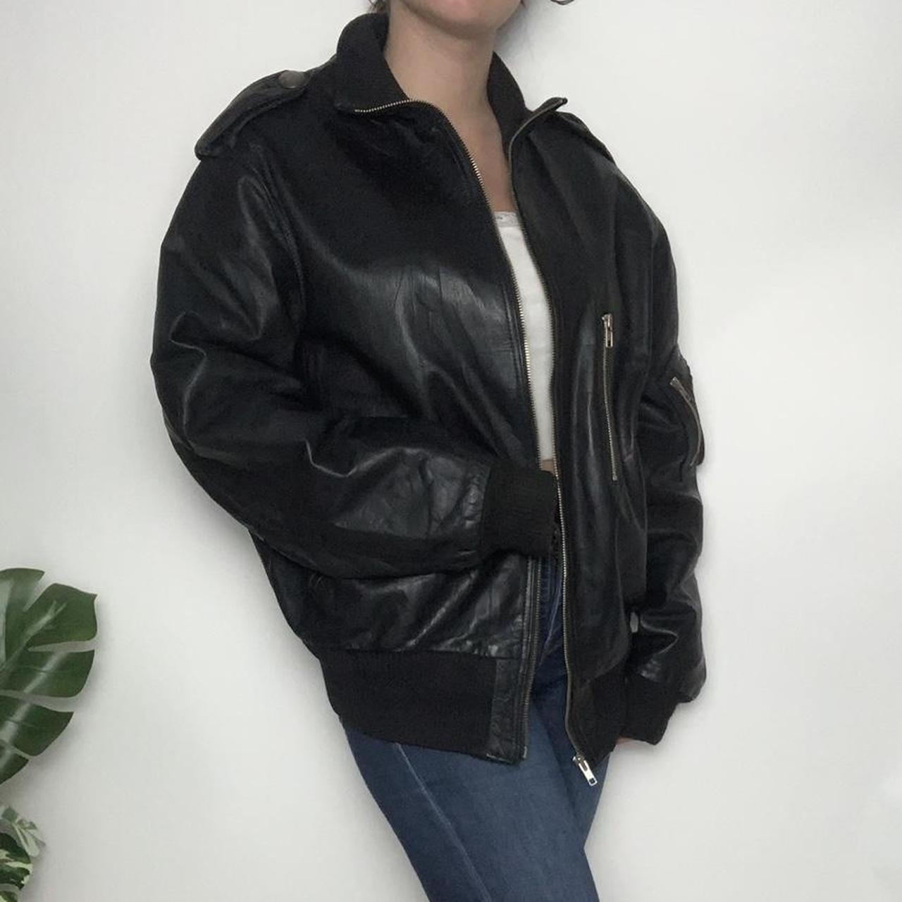 True vintage black 90’s faux leather bomber jacket... - Depop