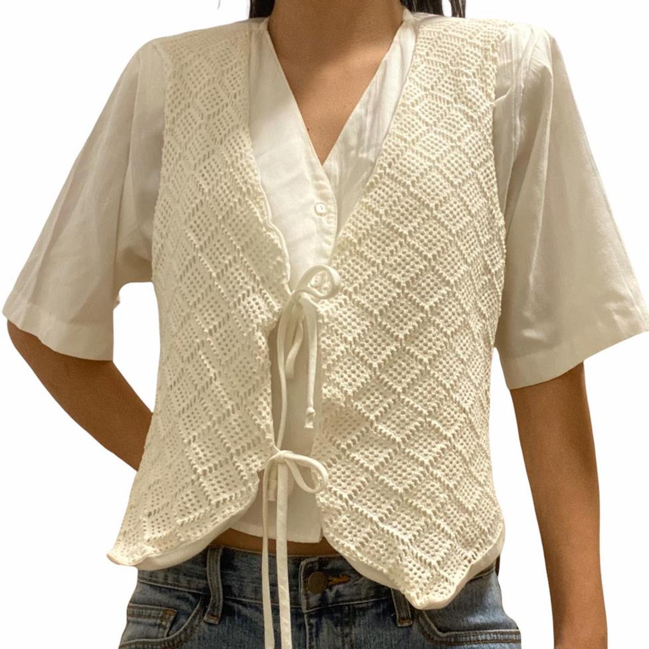 vintage 80s cream n white faux crochet vest shirt... - Depop