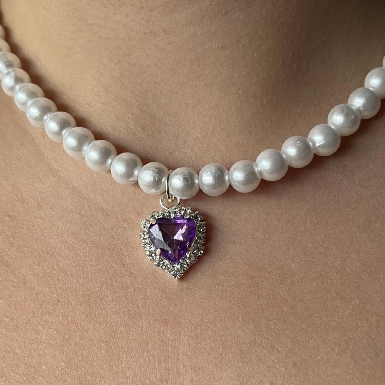 Purple Heart Crystal Chunky Pearl Necklace Choker... Depop