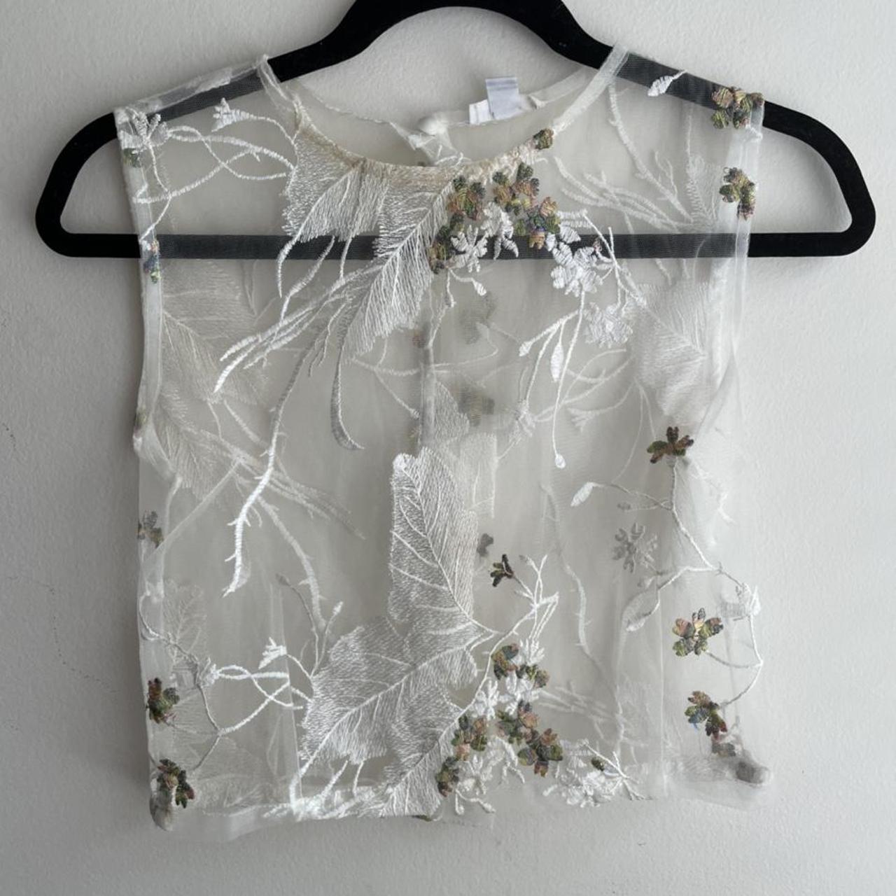 sheer crop top w beautiful floral stitching from... - Depop