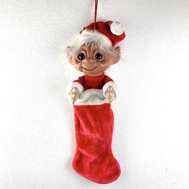 Troll Doll Christmas Stocking red Plush With White Hair Smiling Rubber Head  and Red Stocking With Hands Grasping, Vintage Trolls DAM 