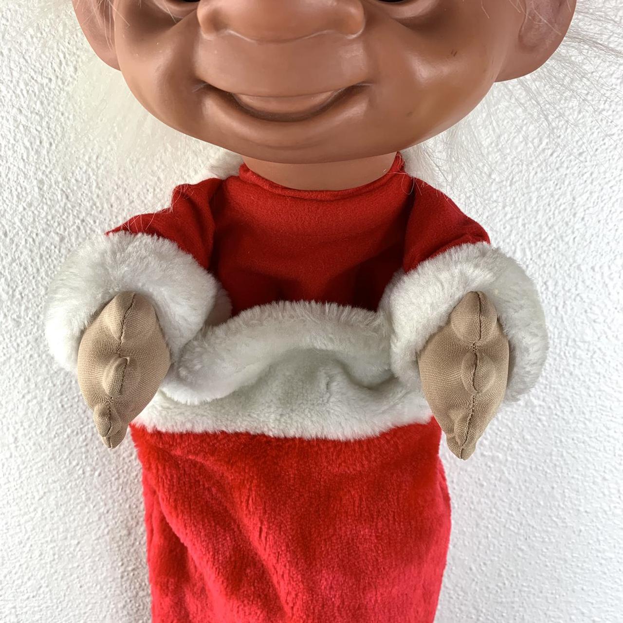 Troll Doll Christmas Stocking red Plush With White Hair Smiling Rubber Head  and Red Stocking With Hands Grasping, Vintage Trolls DAM 