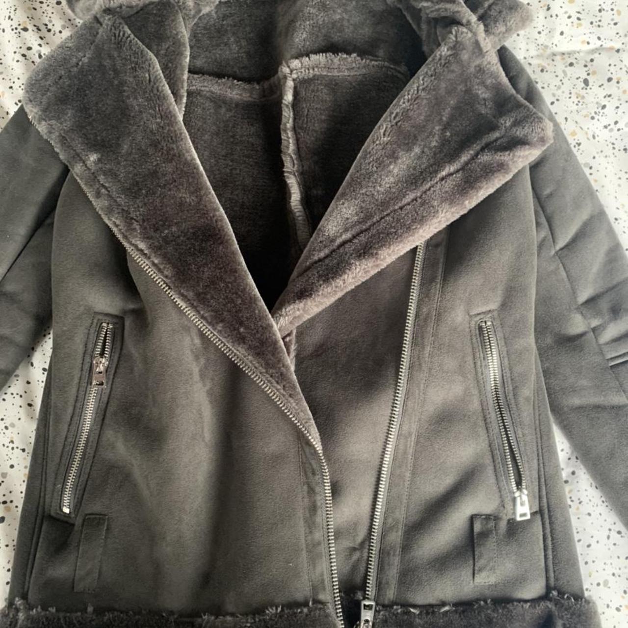 grey aviator jacket coat faux fur lined... Depop