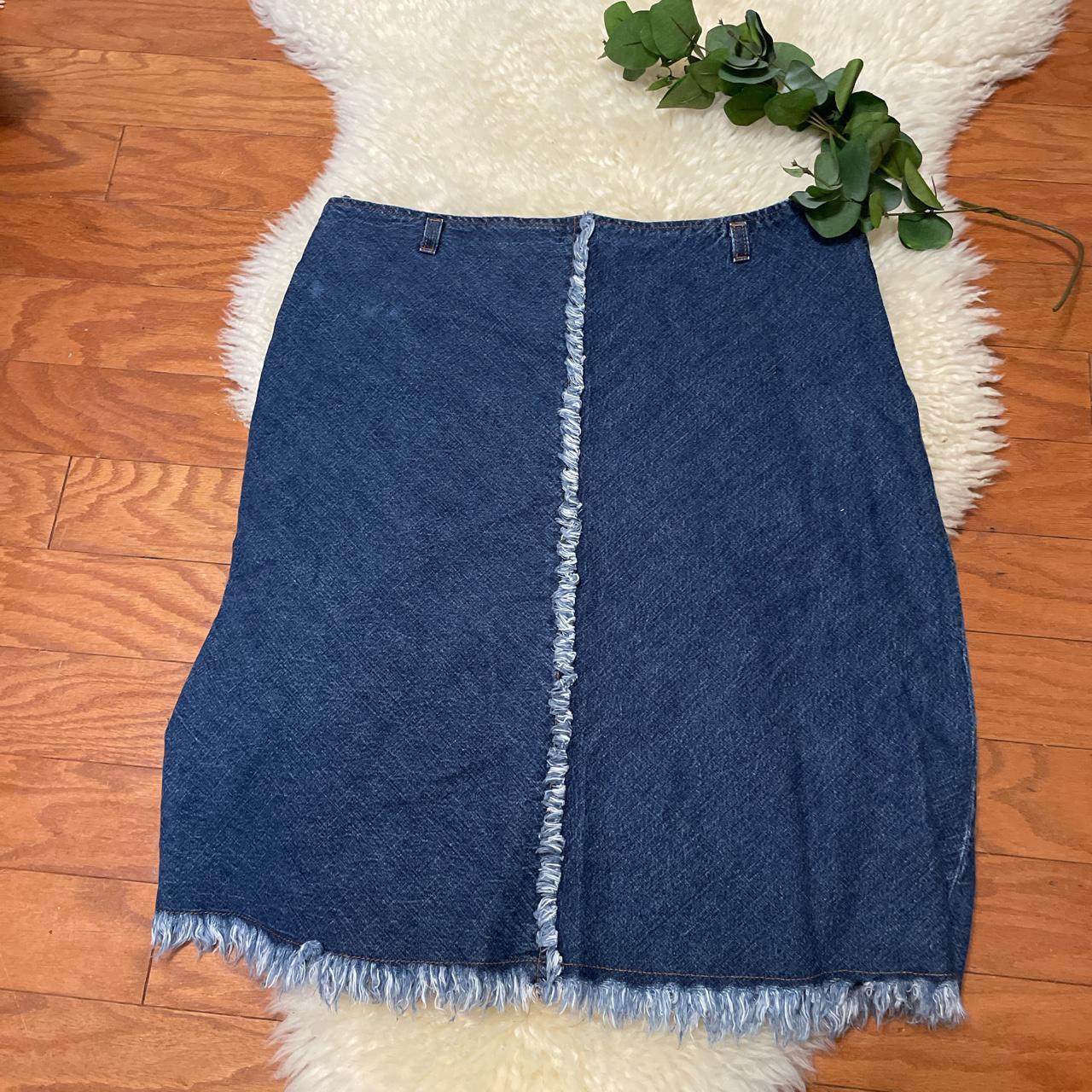 90’s Low Rise Denim Skirt with Frayed Hem by Big... Depop