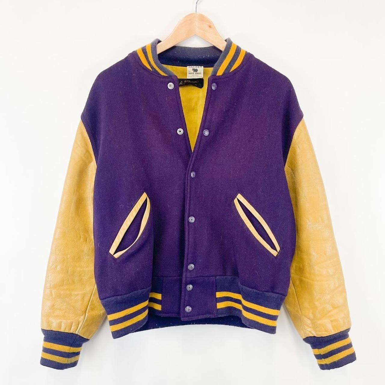 vintage 80s purple yellow leather varsity jacket... - Depop