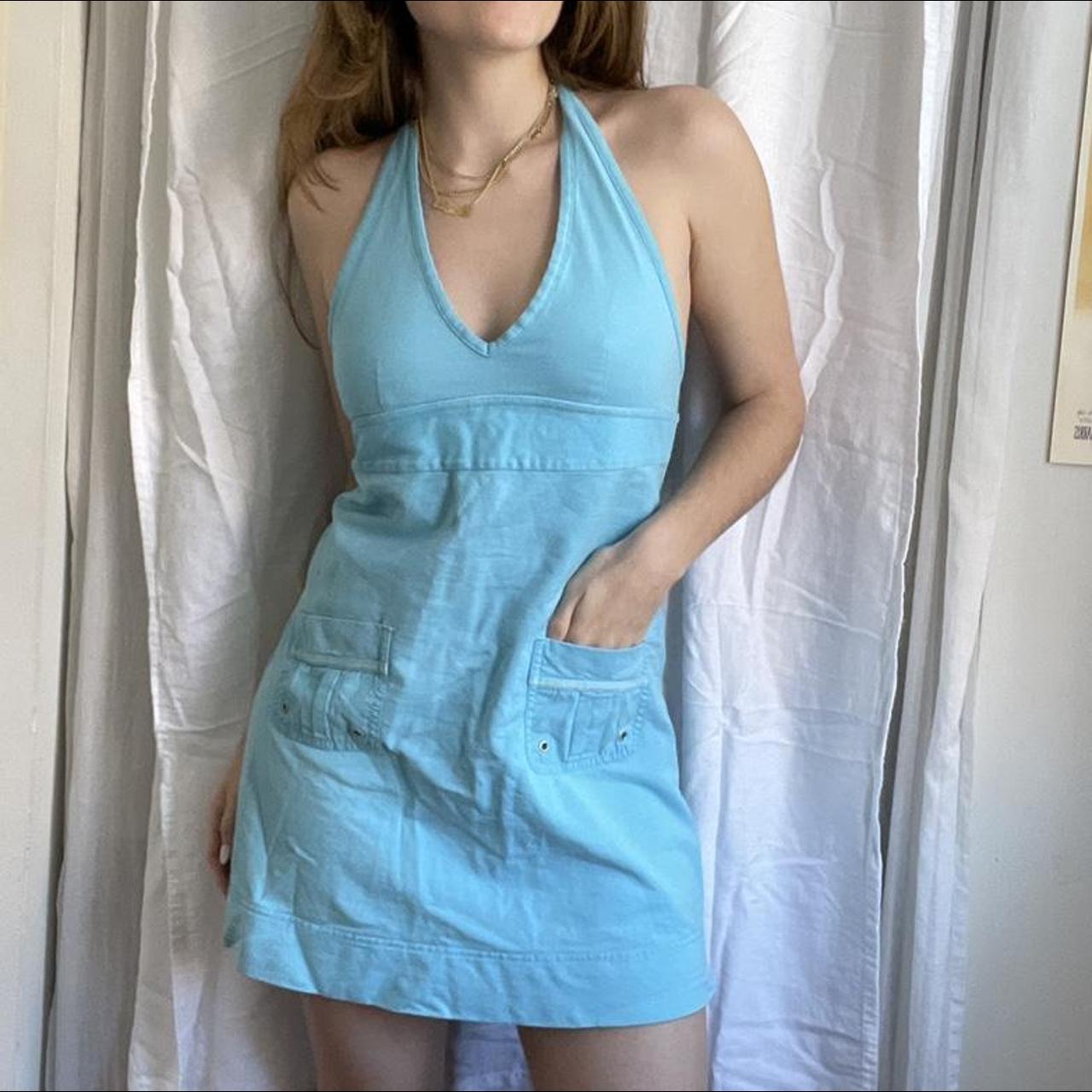 Y2k halter dress. Bright blue cotton dress with... Depop