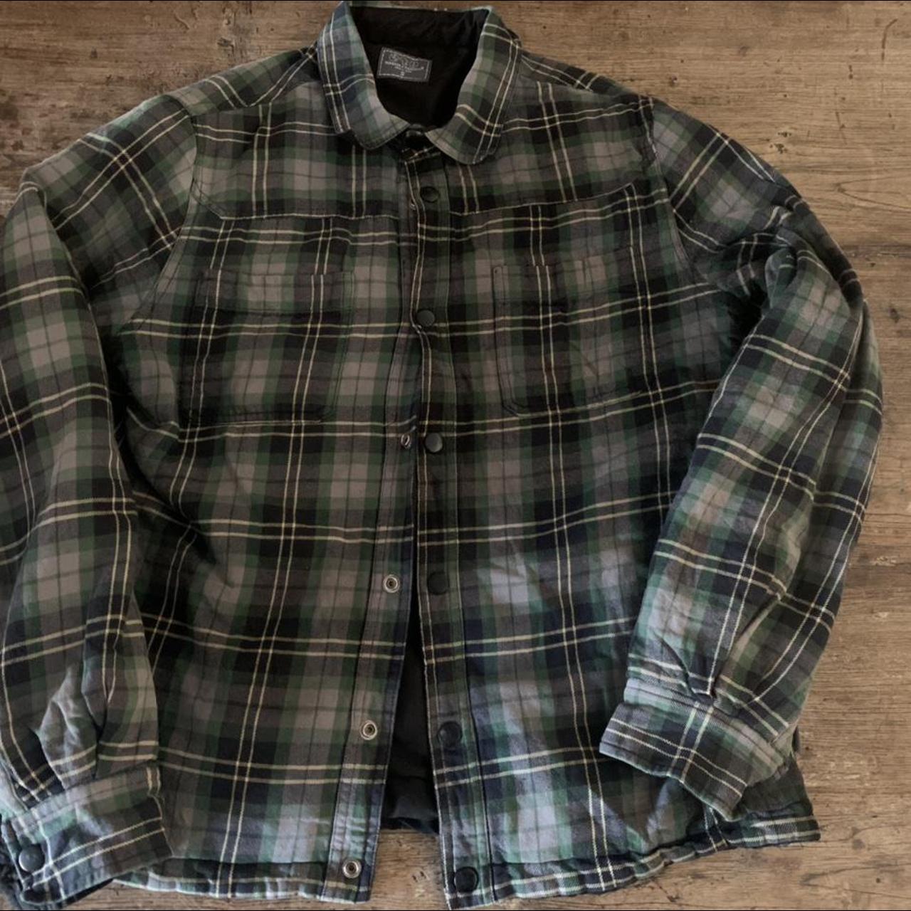 Green flannel metal clasp button up with cozy... - Depop