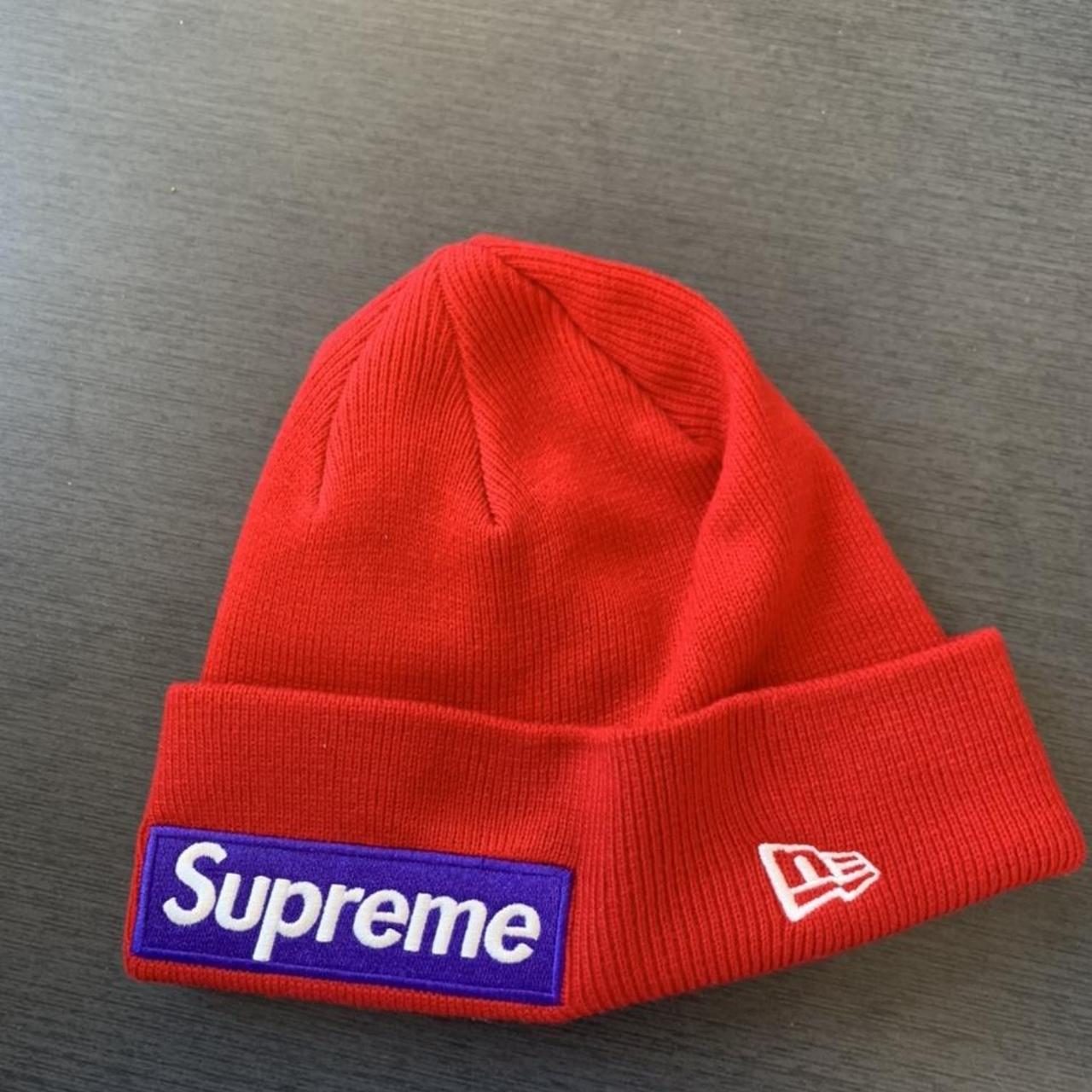 Red Supreme x New Era beanie box logo fw17 - Depop