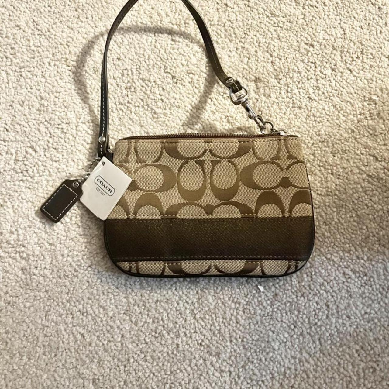 Coach Wristlet Signature Khaki with Brown Leather Trim