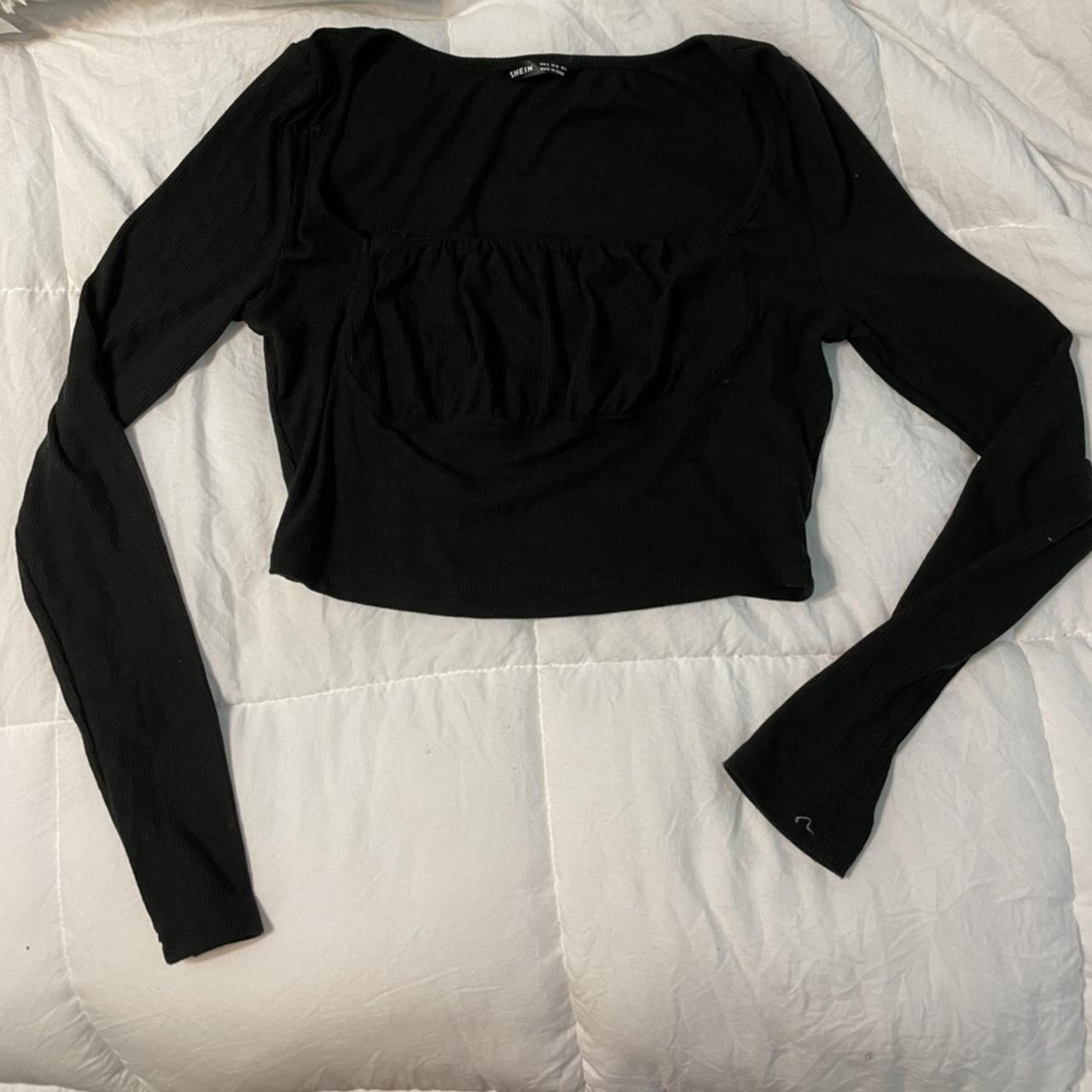 Shein black ruched long sleeve crop top Never... - Depop