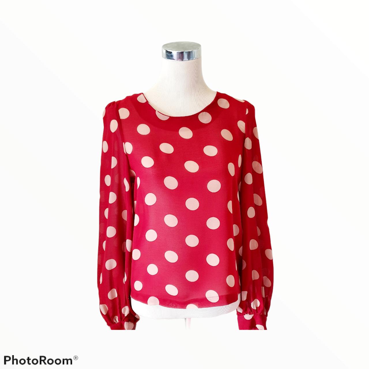 Red with white polka dot sheer blouse with exposed... - Depop