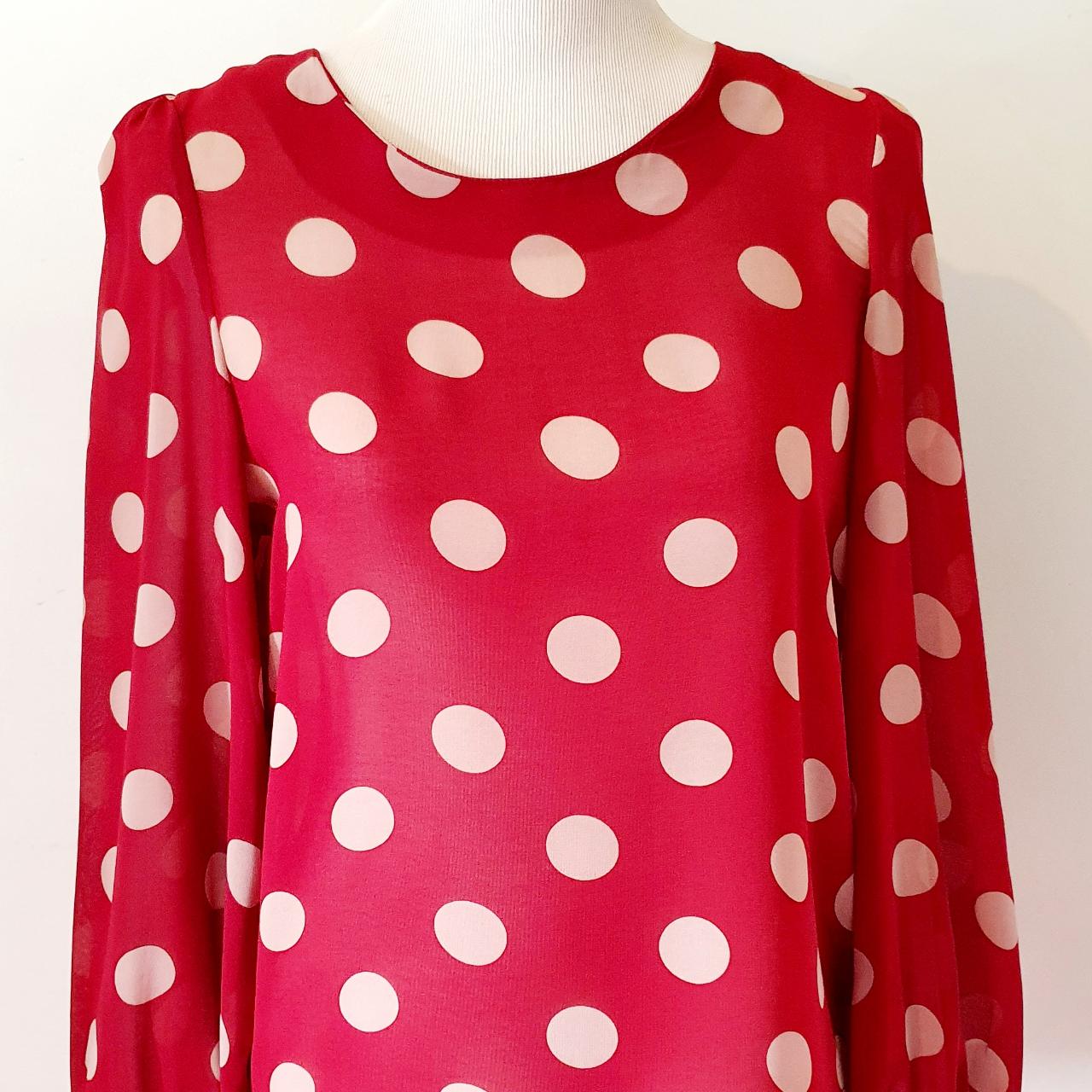 Red with white polka dot sheer blouse with exposed... - Depop