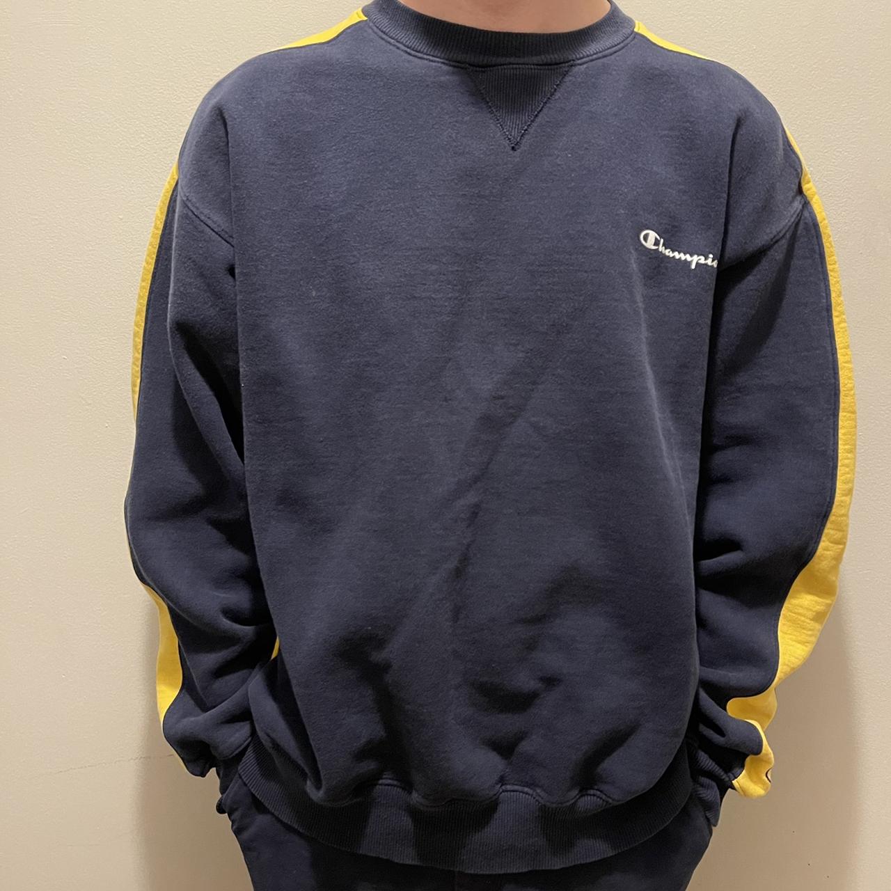 Champion sweater 2025 navy blue yellow