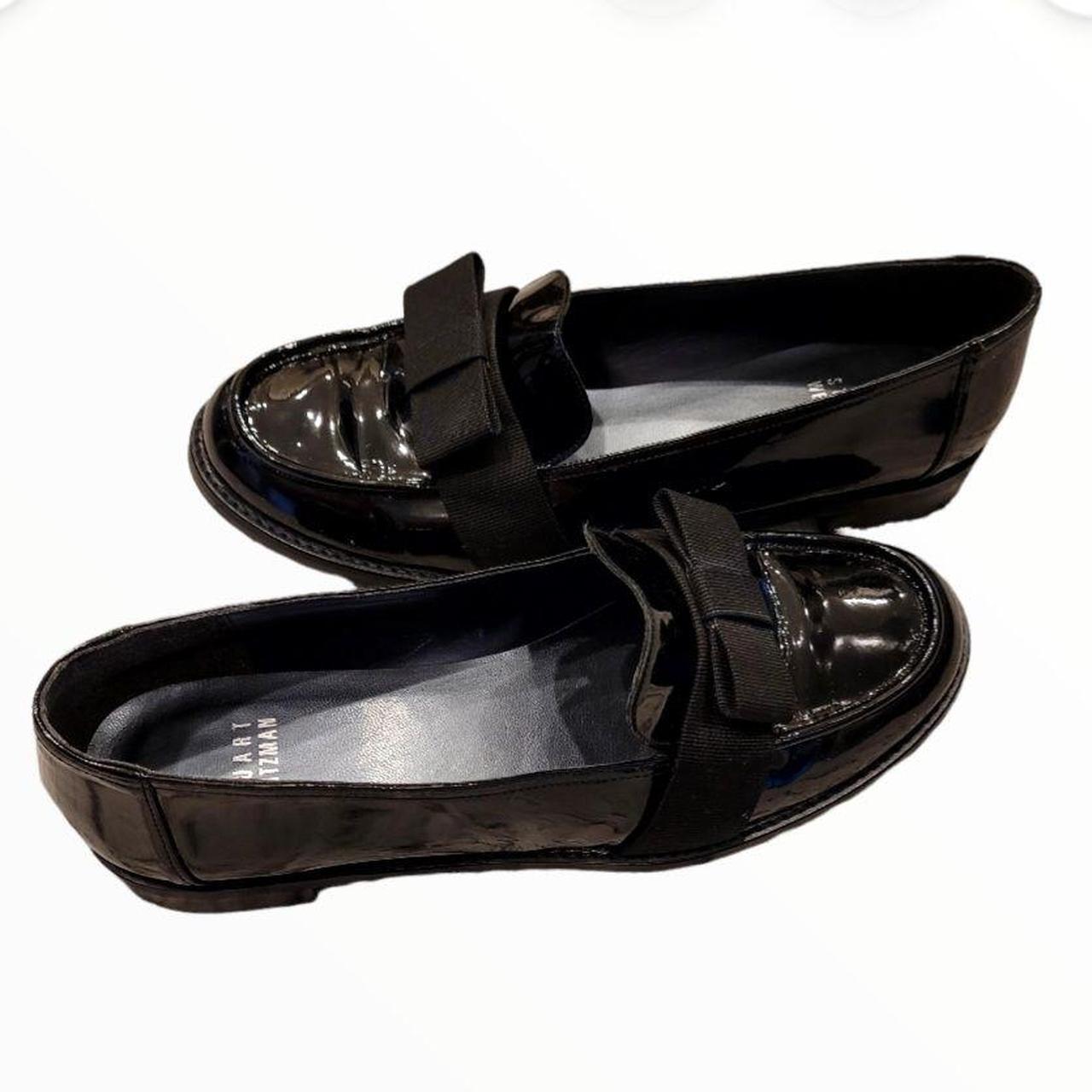 Stuart Weitzman black patent leather bow loafers... - Depop