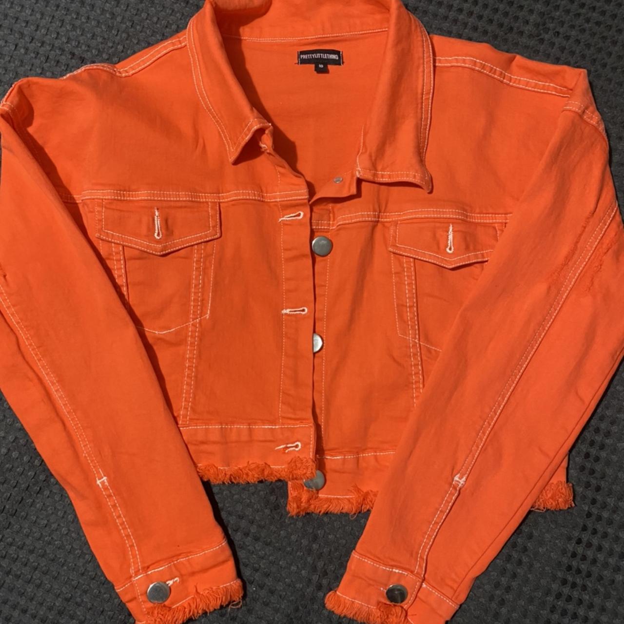 Bright orange cropped denim jacket size 10. Will. Depop