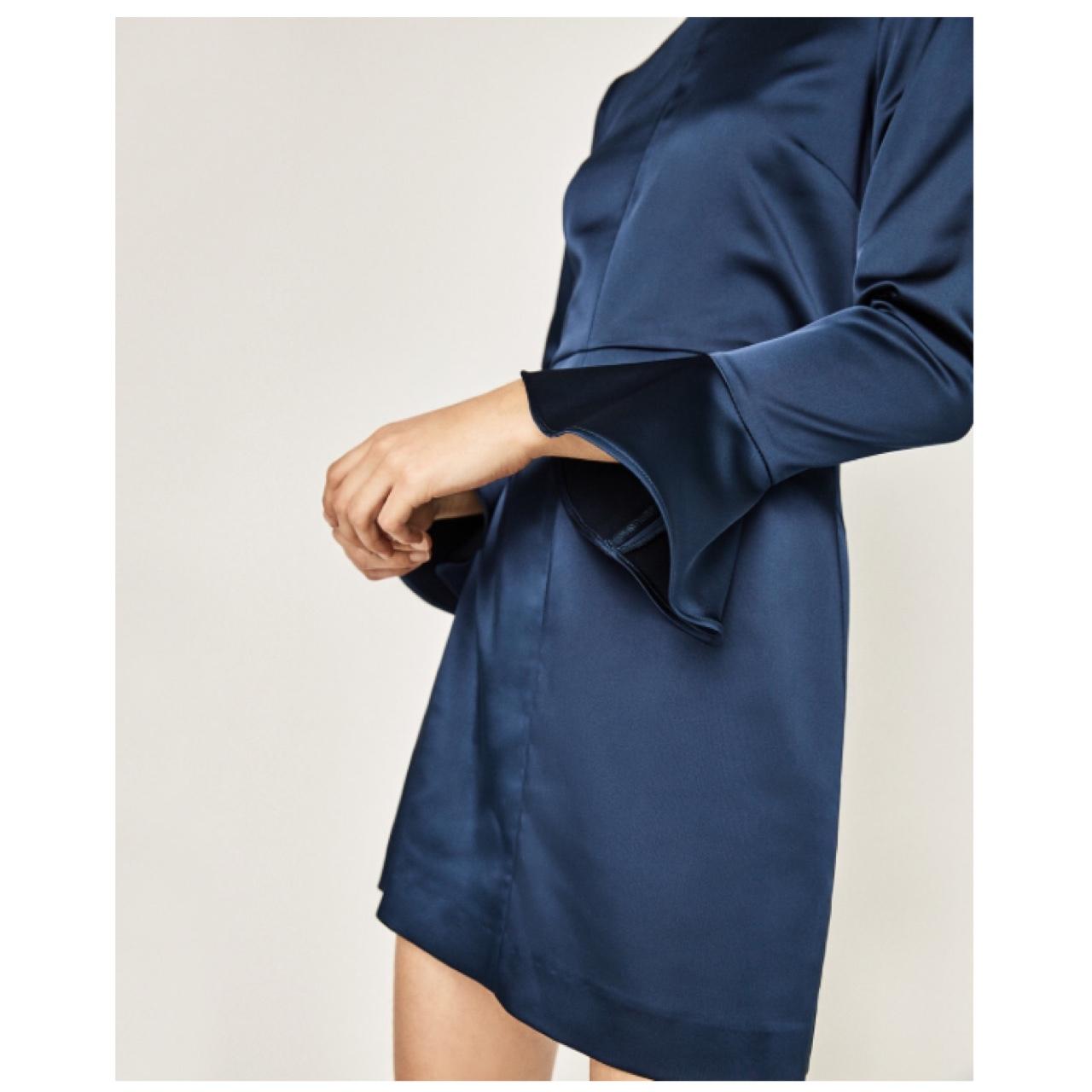 zara navy blue size xs satin frill bell sleeve dress... - Depop