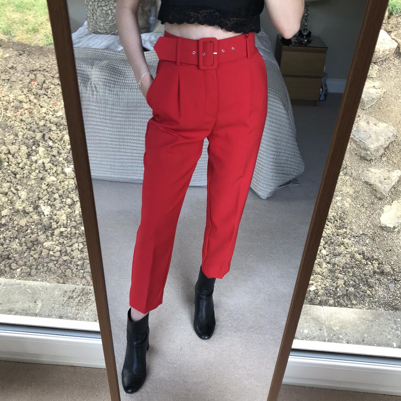 Zara red trousers with a chunky buckle belt, size XS - Depop