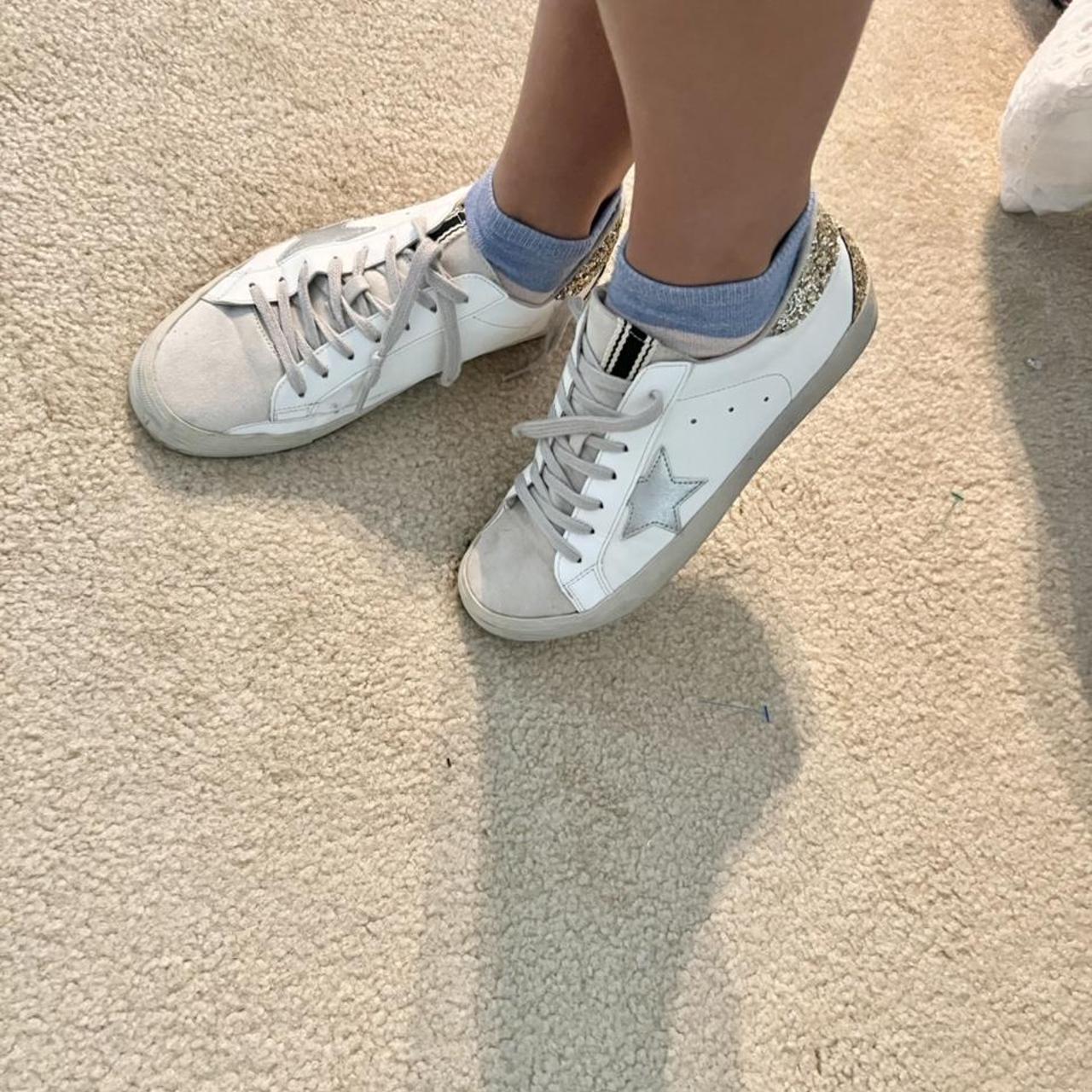 Women's White and Gold Trainers | Depop