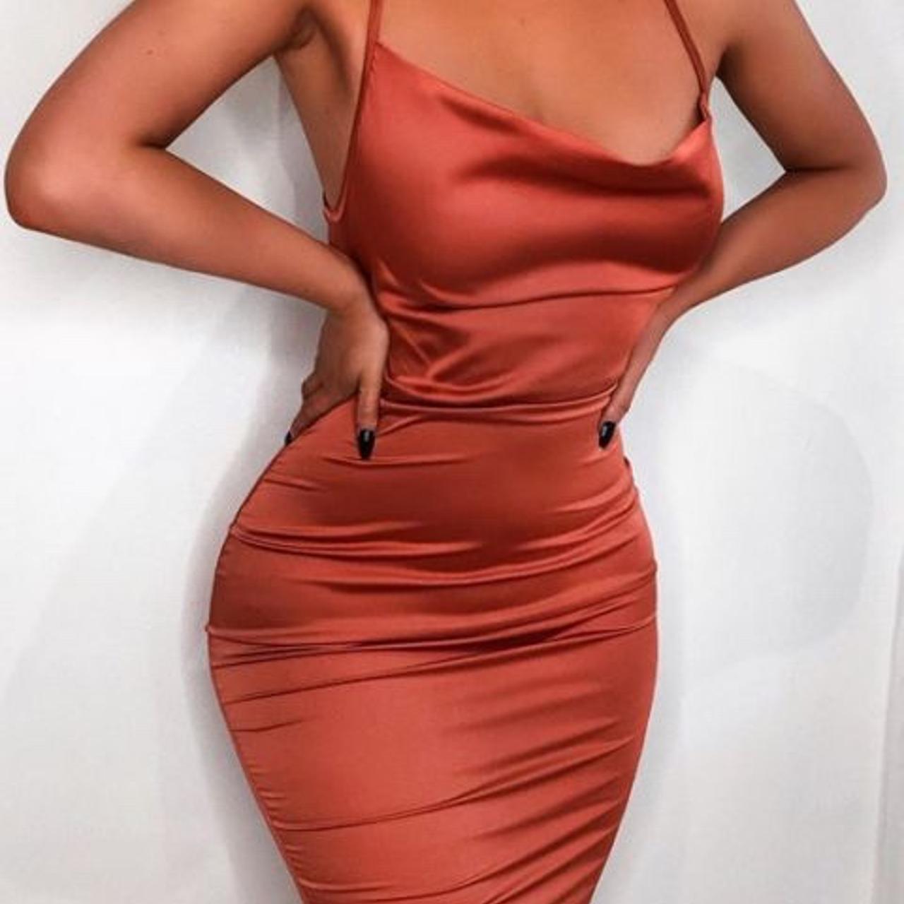 Rust Satin Cowl Neck Midi Dress Strappy Open Depop