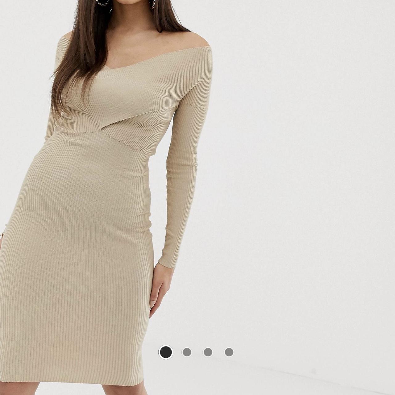 Off the shoulder nude rib ribbed midi dress. From