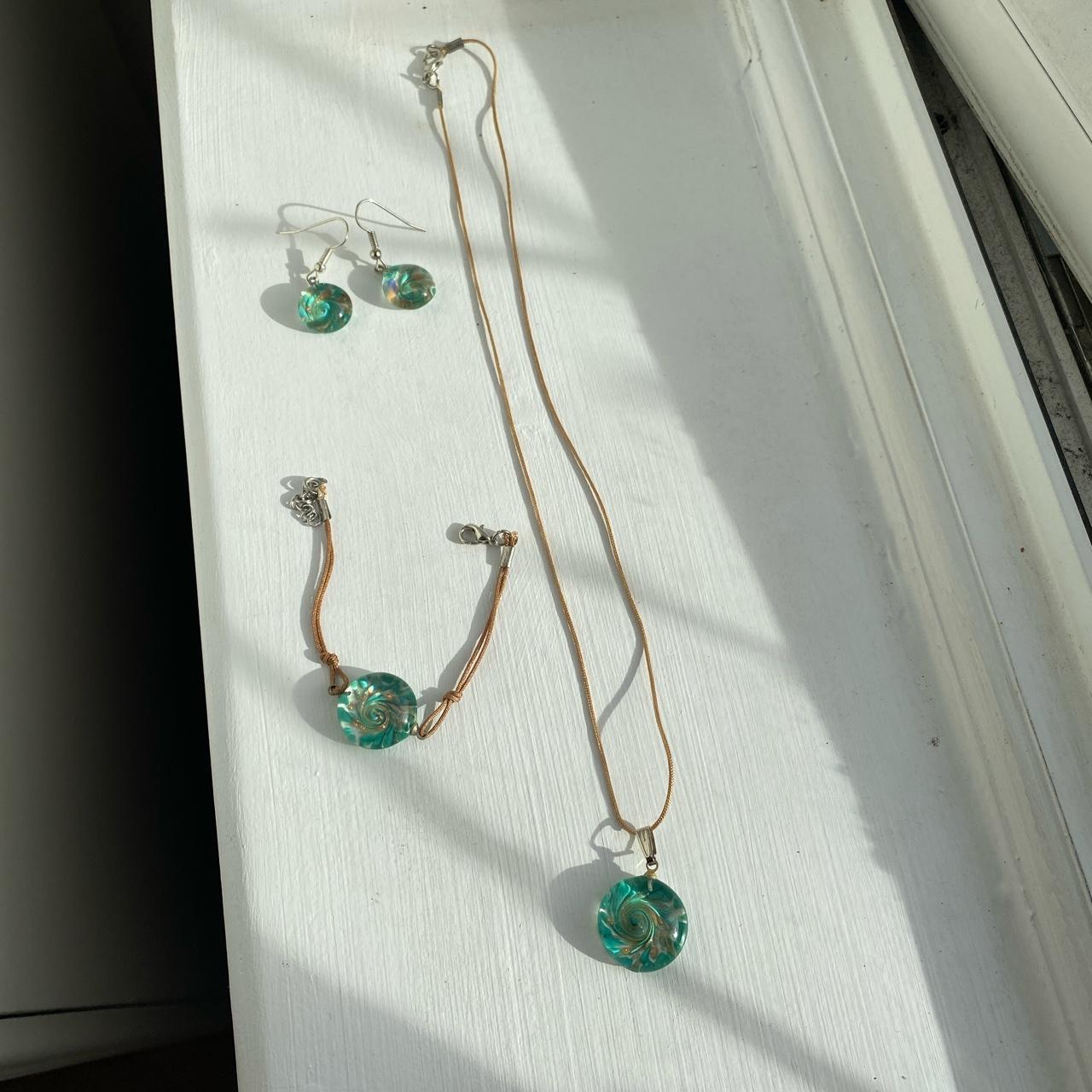 Green and gold glass charm necklace, earring and... Depop