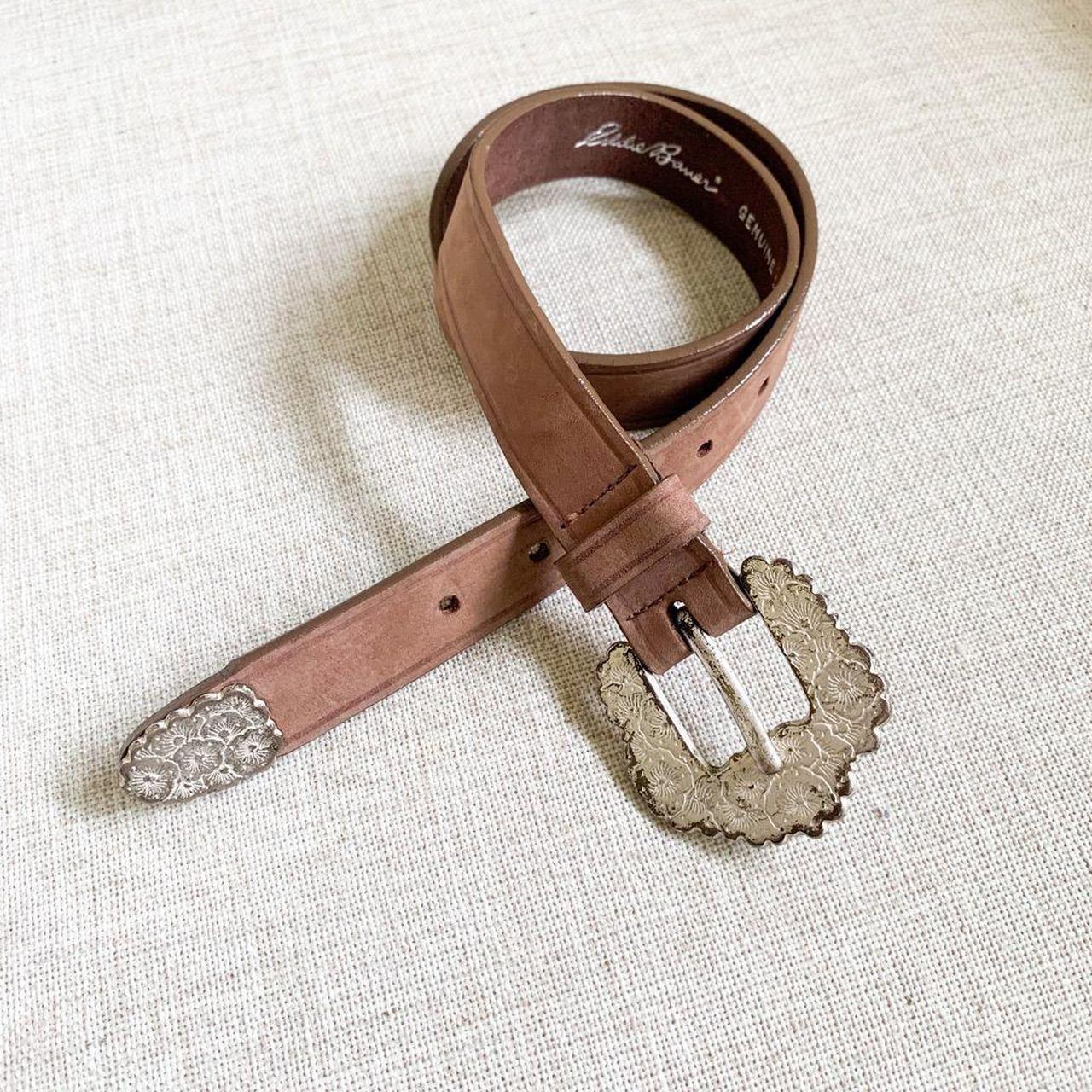 Eddie Bauer boho brown leather belt with floral... Depop