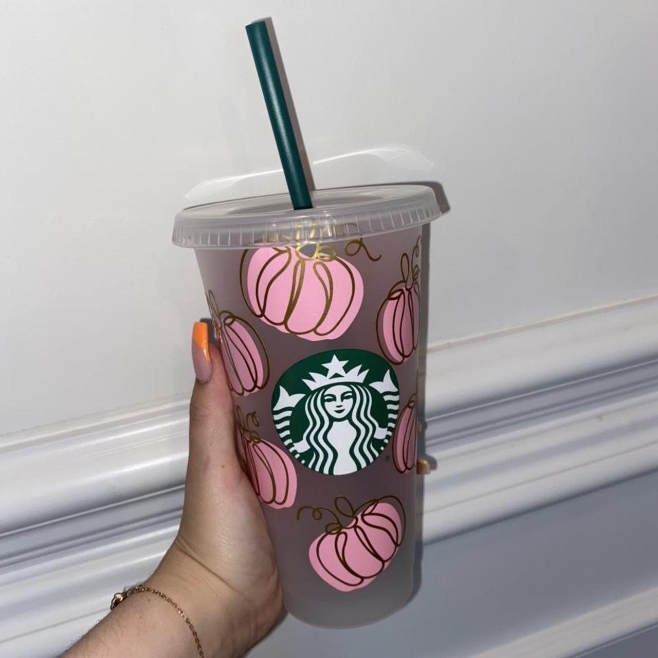 Personalised starbucks cold cup with green straw. - Depop