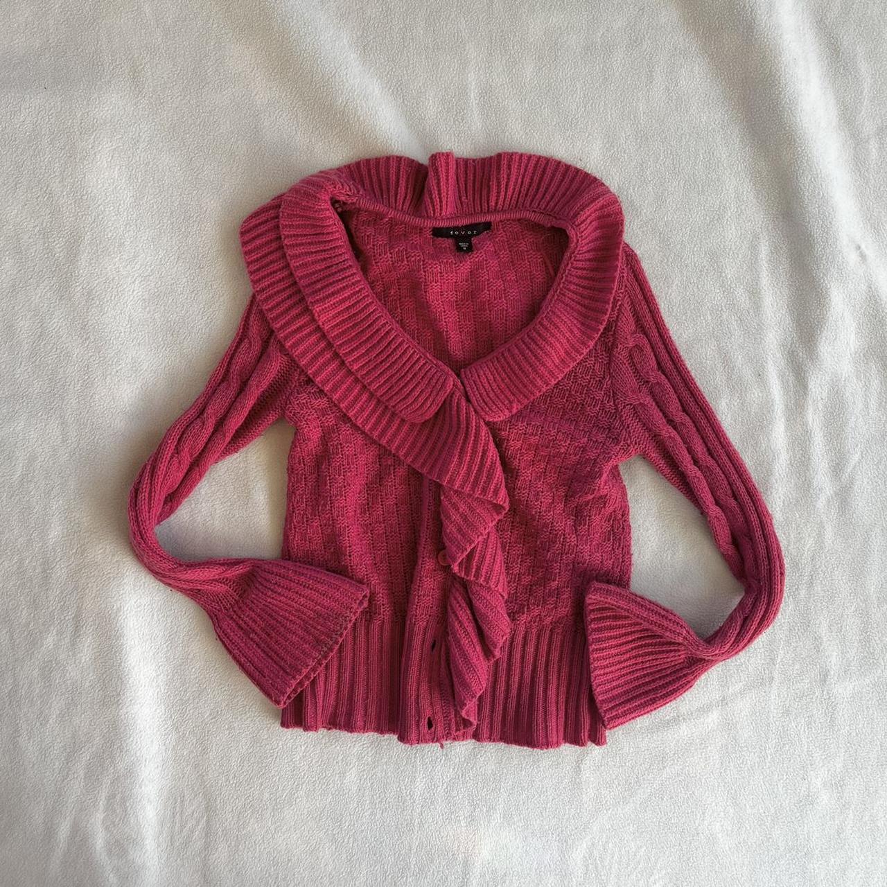 Y2k knit pink sweater with ruffle detailing.... - Depop