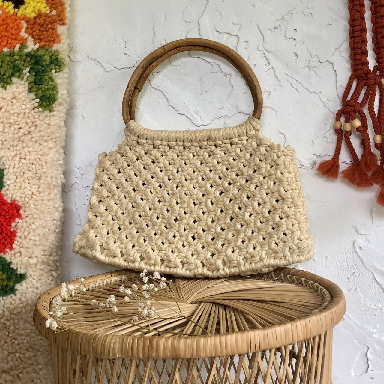 Vintage macrame purse with large round handle and... - Depop